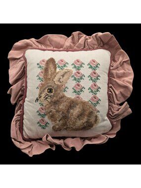 Vintage Bunny Rabbit Needlepoint Pillow Pink Ruffle Floral 10x10